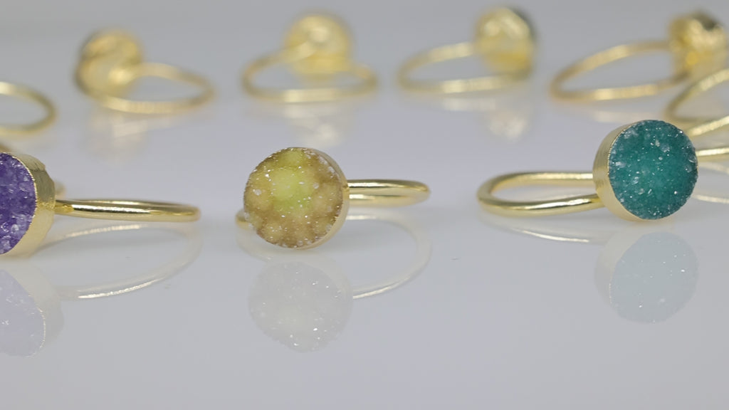 Edged Micron Gold Rings 10 mm Natural Gemstone Agate Druzy Round Titanium Green Gold Plated on Brass Adjustable Shank
