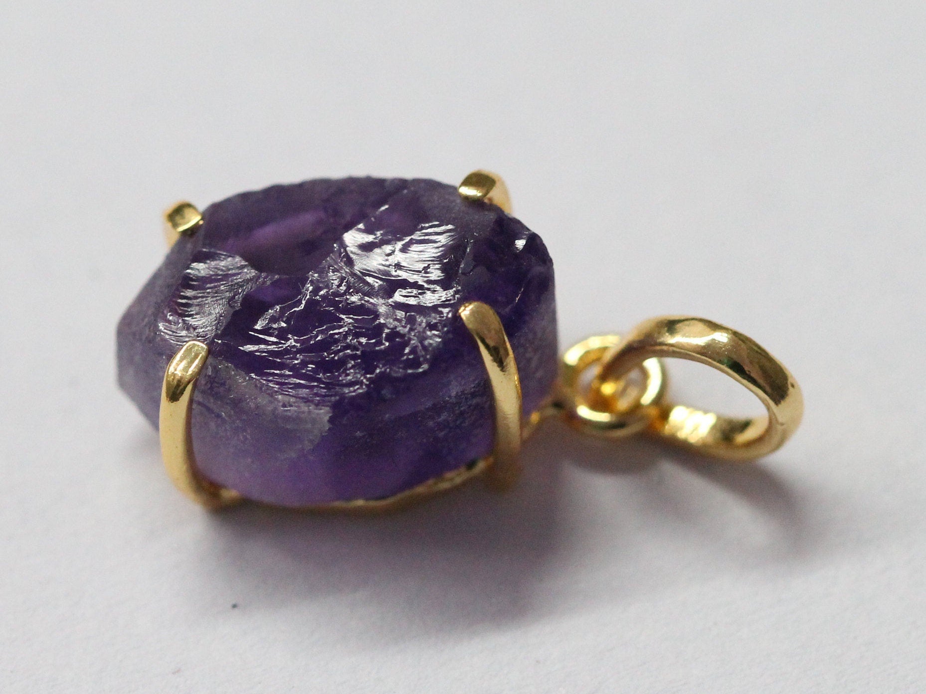 10 * 16 mm amethyst raw stone marquise Gold plated Brass Natural GemStone Pendant - Meena Design