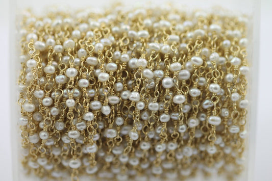 10 Feet Gold Plated Natural Fresh Water Pearl Rondelle Rosary Style Beaded Chain rosary chain beads size 2.5 - 3.5 mm - Meena Design