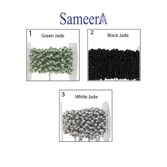 10 Feet Jade Glass Beads Black Plated And Silver Plating rosary chain - Meena Design