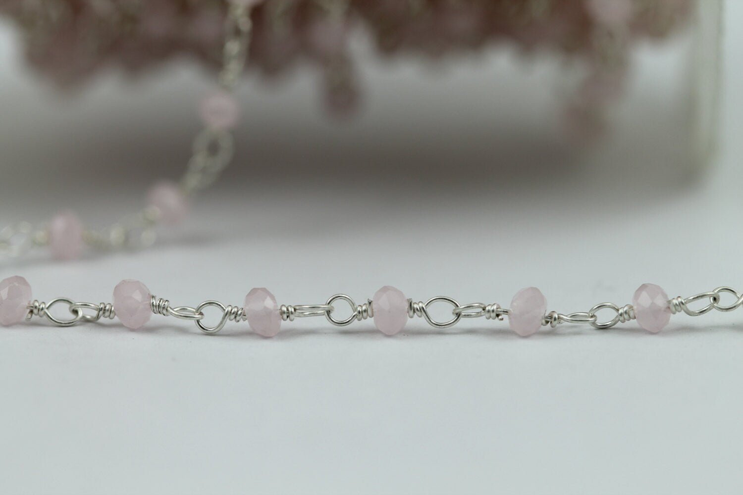 10 Feet Pink Jade Glass Beads Silver Plated rosary chain - Meena Design