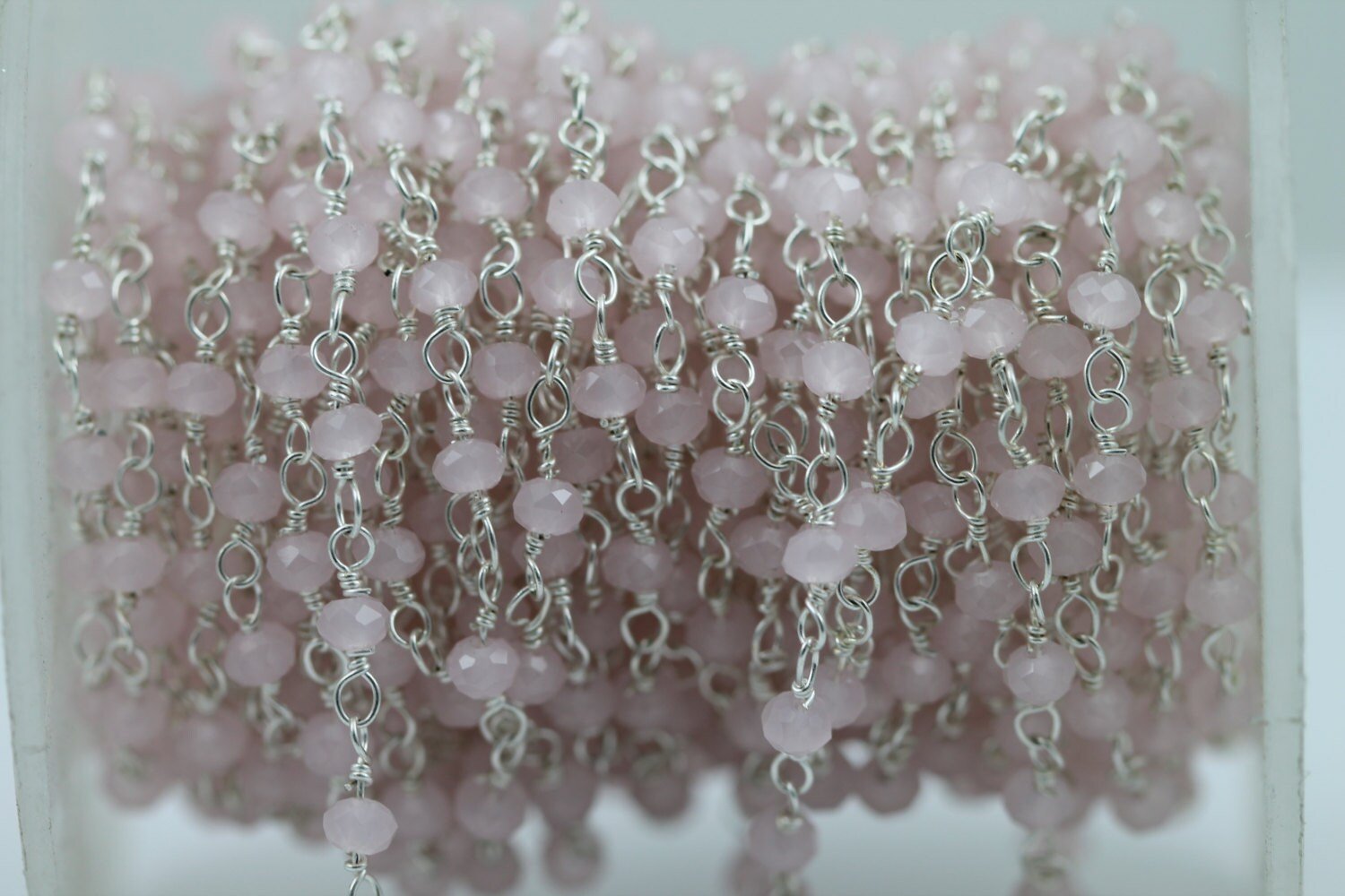 10 Feet Pink Jade Glass Beads Silver Plated rosary chain - Meena Design