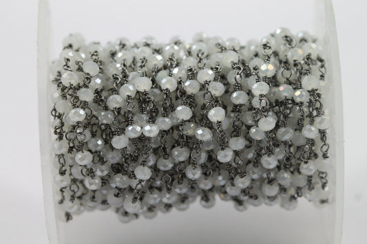 10 Feet White Chalcedony Glass Beads Black Plated rosary chain - Meena Design