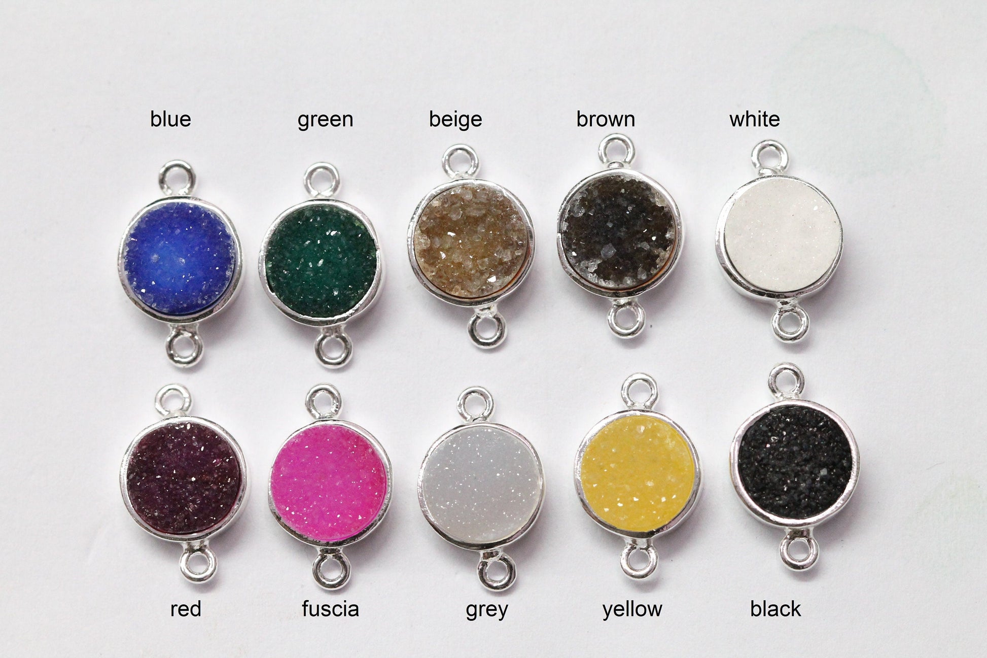 10 mm circle connector agate druzy natural gem stone silver plated fancy collet - Meena Design