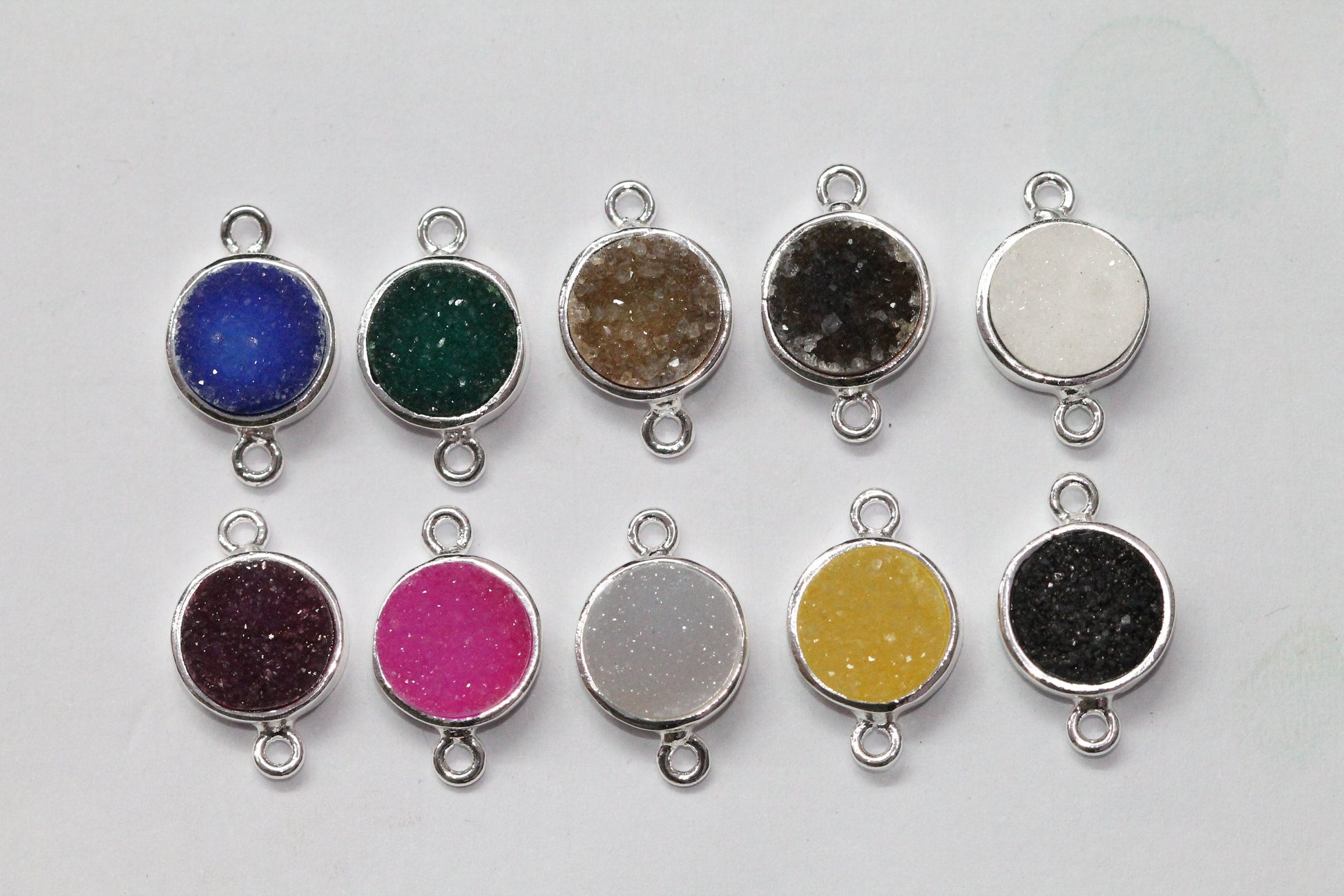 10 mm circle connector agate druzy natural gem stone silver plated fancy collet - Meena Design