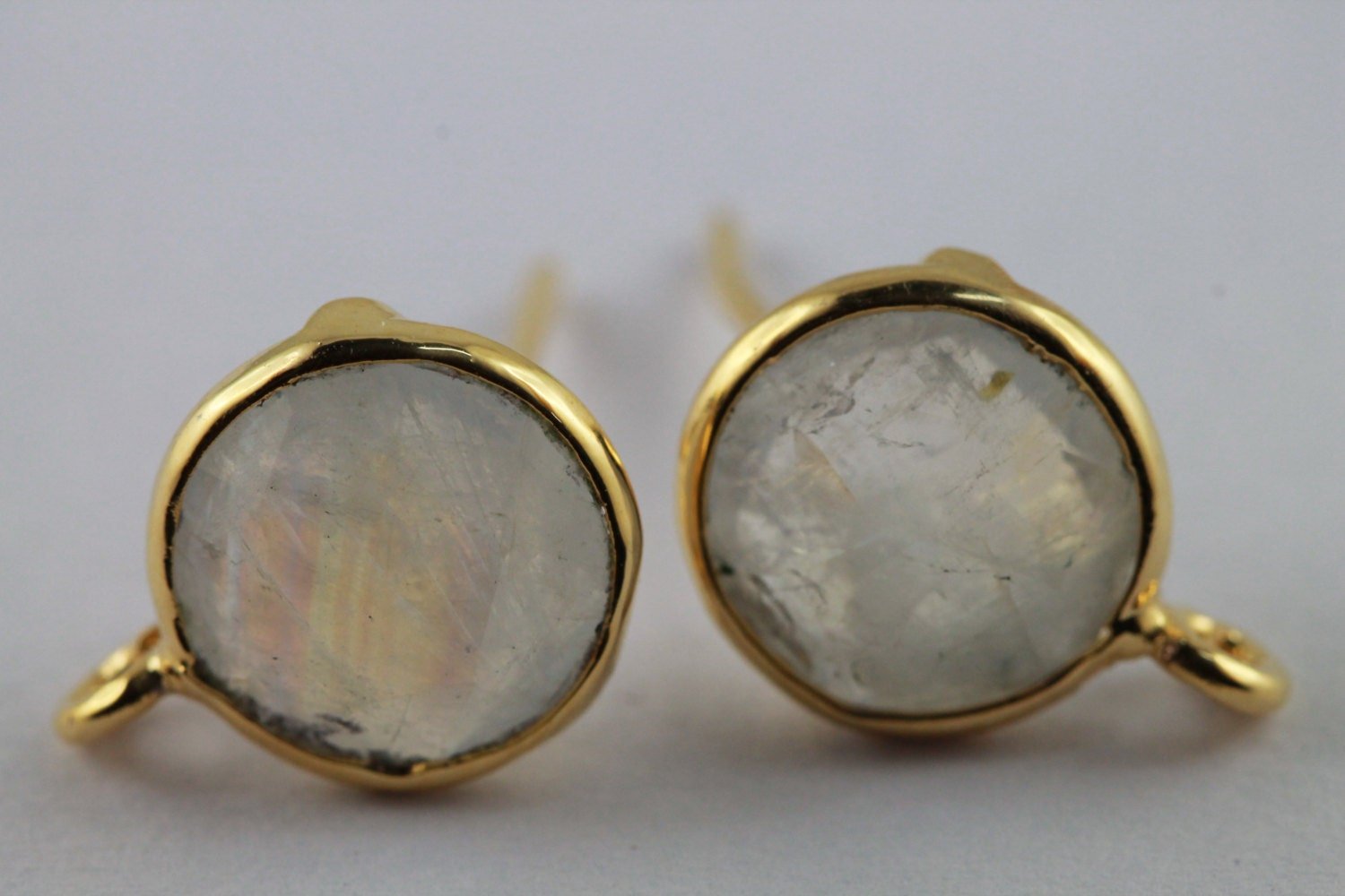 10 mm Earpost White rainbow moonstone Half Bezel Gold Plated Brass or Silver 925% - Meena Design