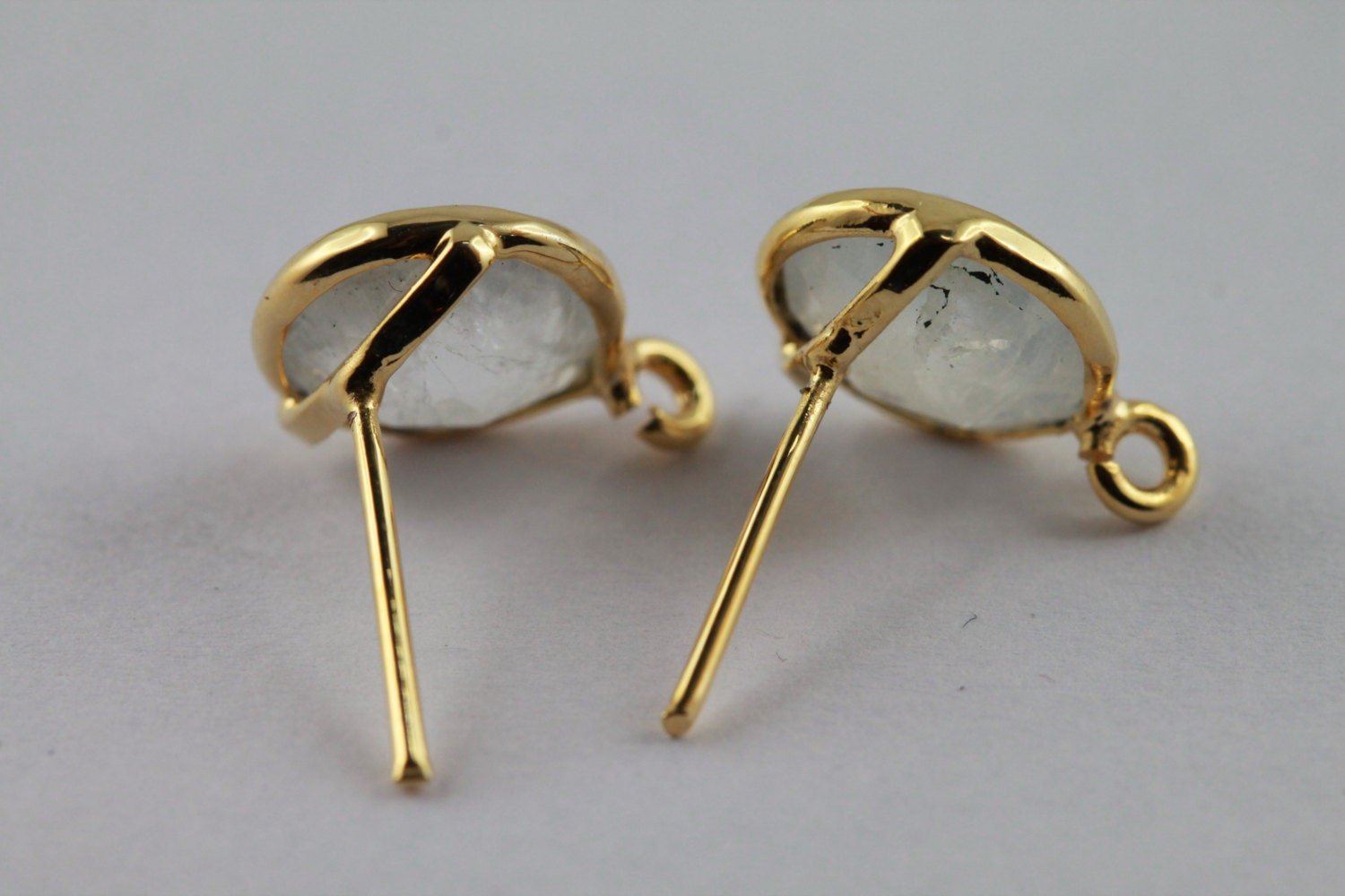 10 mm Earpost White rainbow moonstone Half Bezel Gold Plated Brass or Silver 925% - Meena Design