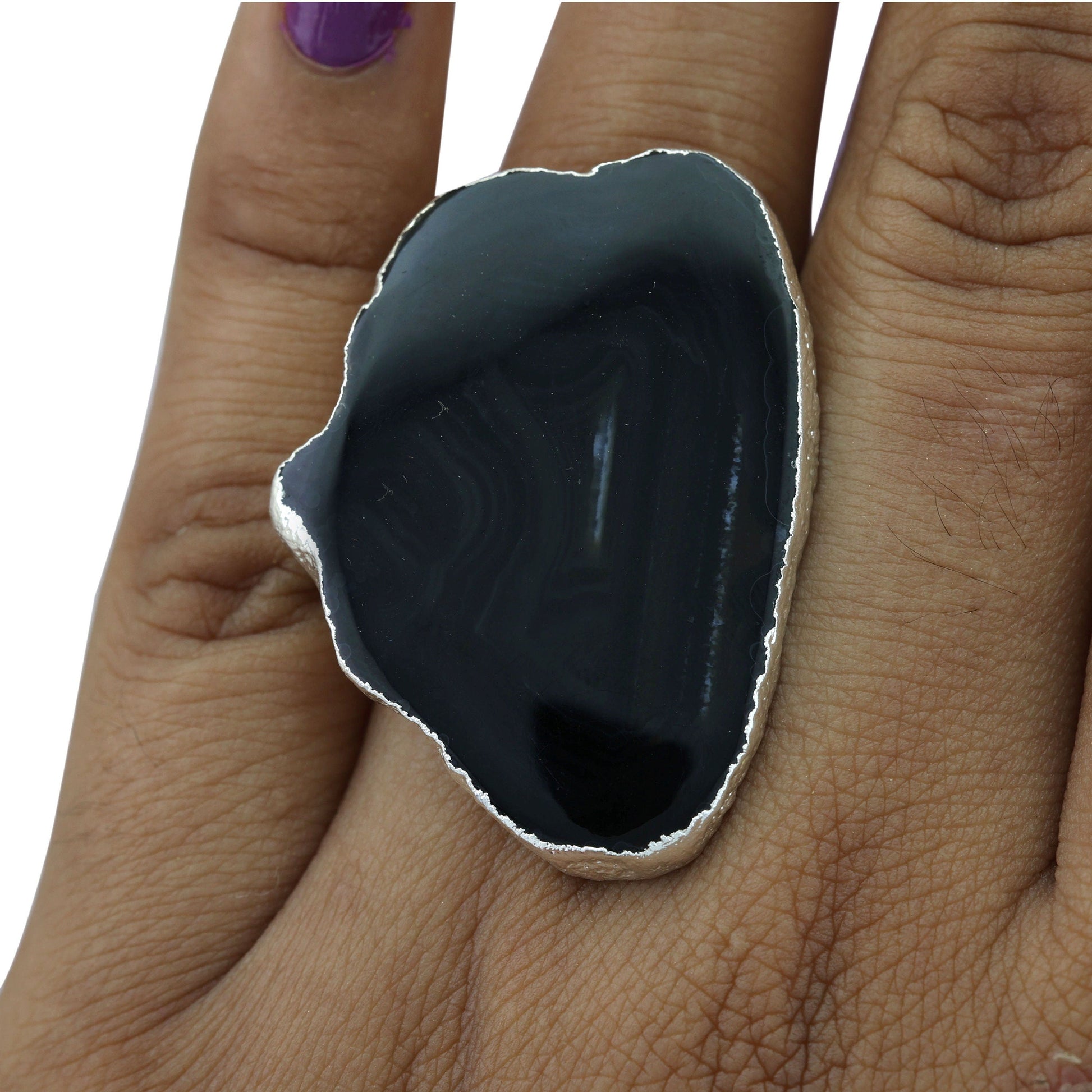 30 - 40 mm Agate Geode Slice Ring Silver Adjustable ( You get the exact piece as in photo ) - Meena Design
