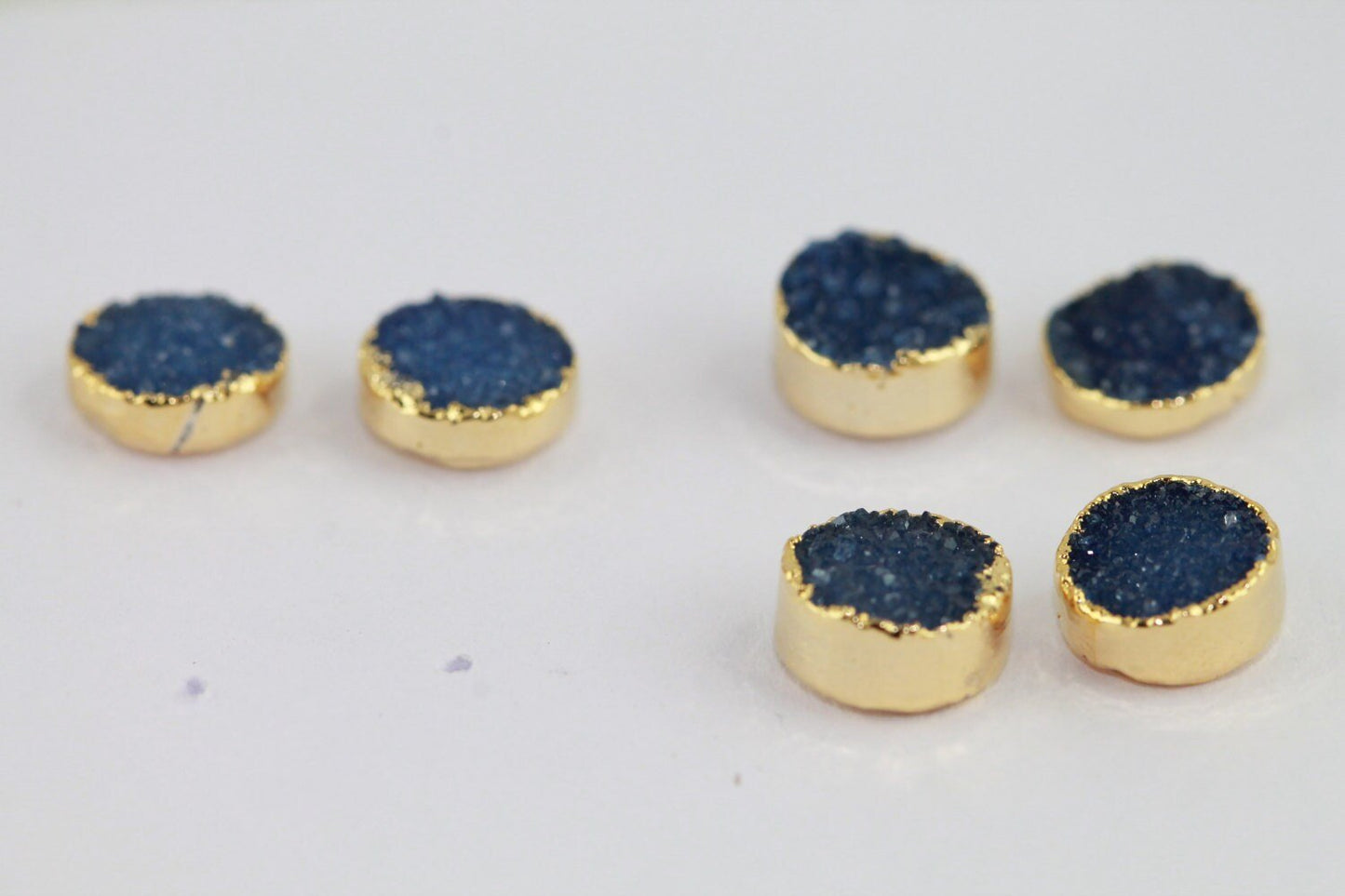 8 mm Circle Natural Agate Druzy Gemstone Minimalistic Stud Gold Plated on Brass - Meena Design