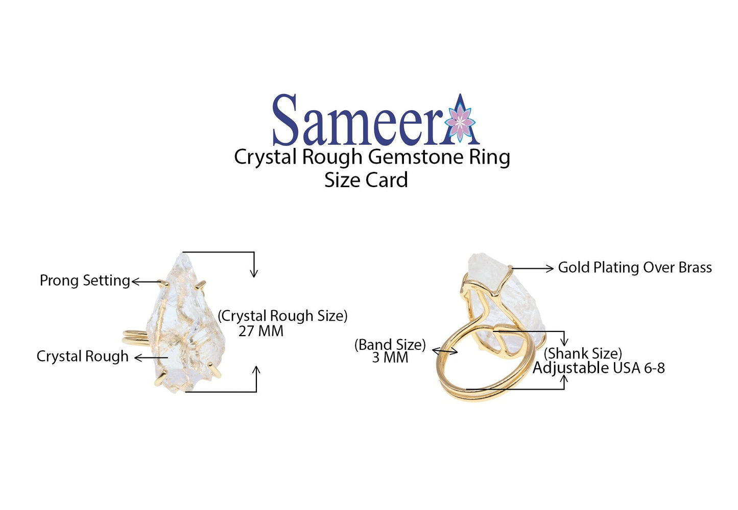 Adjustable Natural Gemstone Ring, raw crystal engagement ring, April Birthstone Ring, 25 - 35 mm, Wholesale Supply Jewelry & Gem Shows - Meena Design