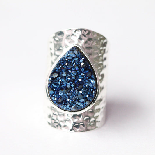Adjustable Ring, Druzy Crystal Pear Gemstone Statement Handmade Birthday Gifts For Her - Meena Design