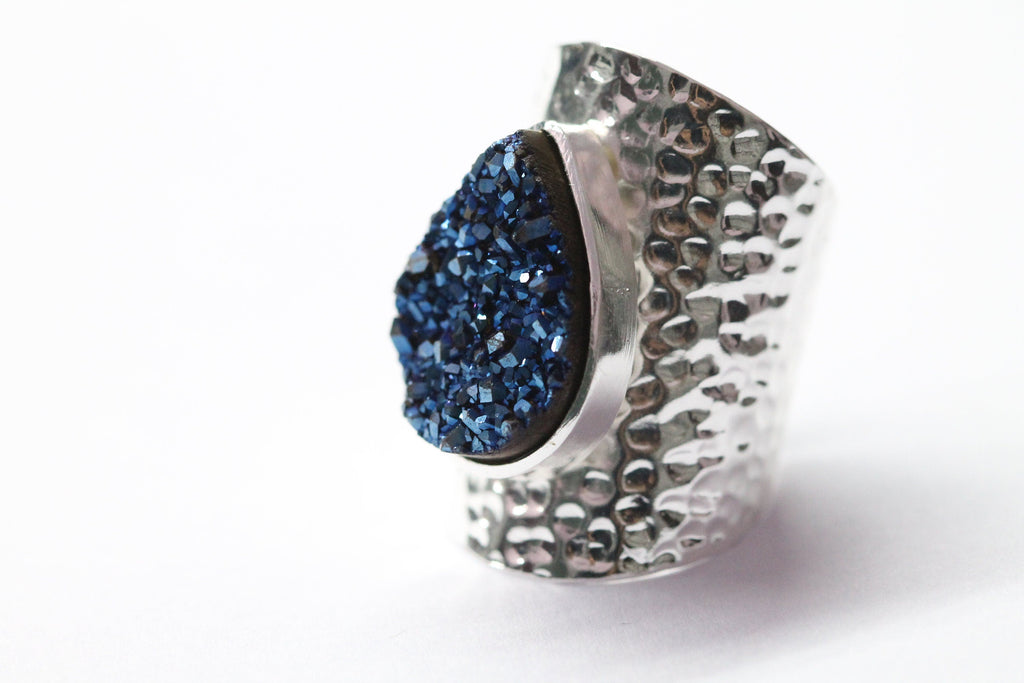Adjustable Ring, Druzy Crystal Pear Gemstone Statement Handmade Birthday Gifts For Her - Meena Design