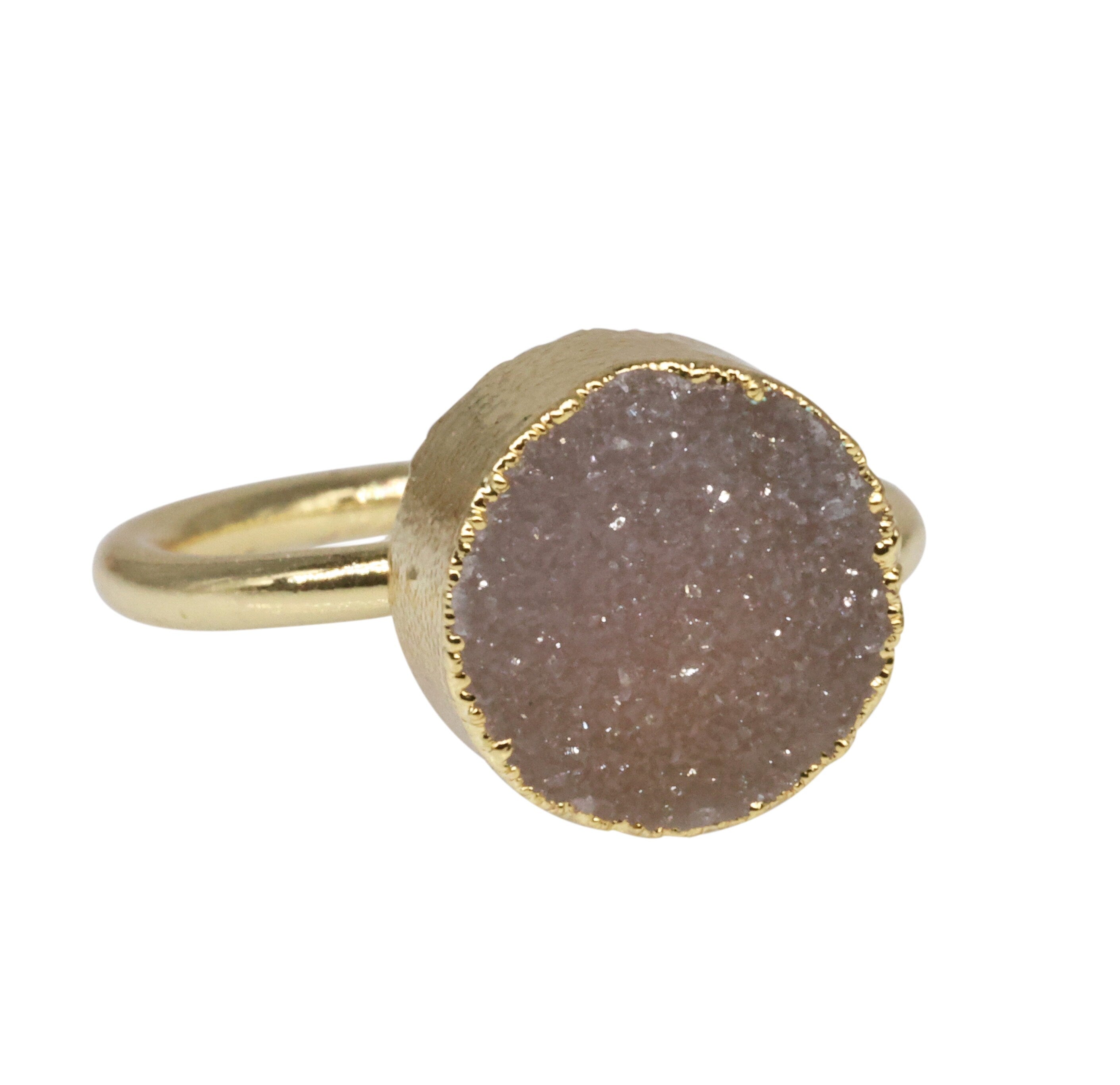 Agate Druzy Ring Natural Gemstone Adjustable 8 MM Round - Meena Design