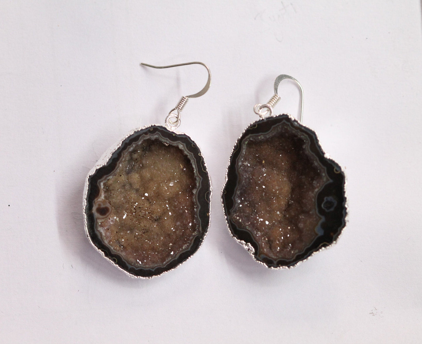agate geode druzy earrings with fish hooks silver 925% - Meena Design