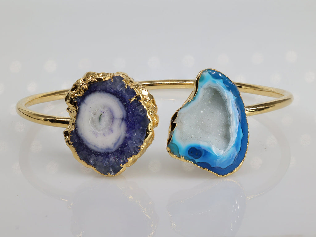 Bracelet Geode and Solar Quartz Gold Edged over Brass - Meena Design
