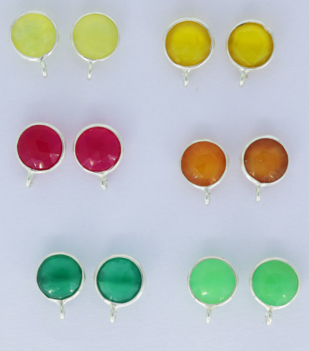 Circle Chalcedony Earpost Silver 92.5 Bezel Ear post Natural gemstone Earpost labradorite rose quartz earpost white rainbow DIY earrings - Meena Design