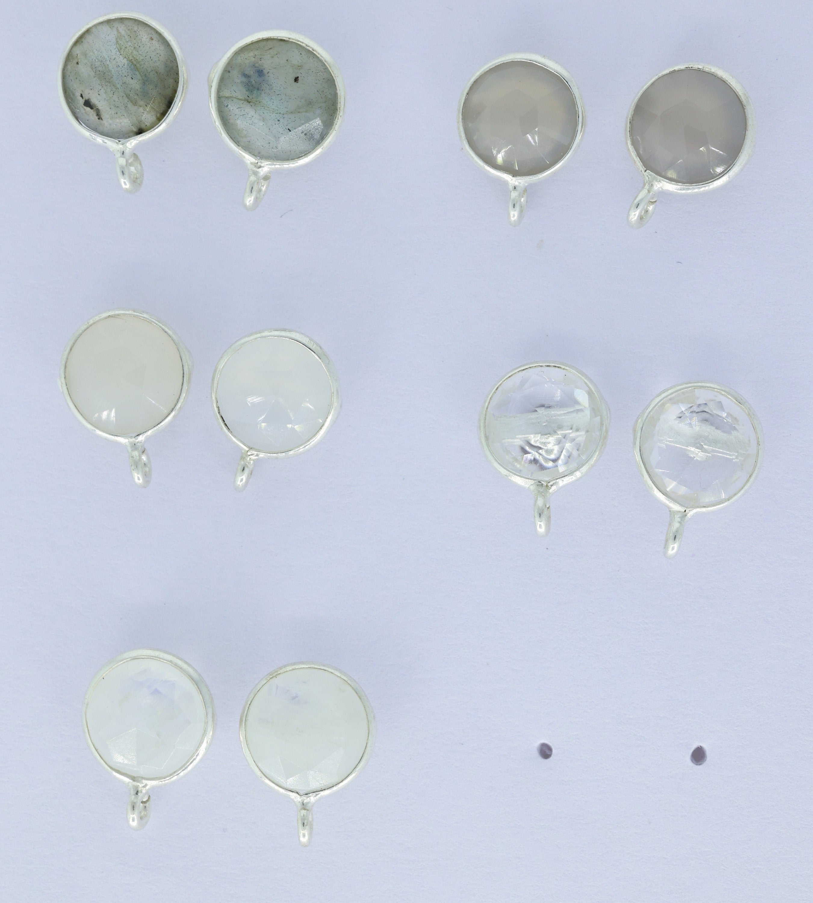 Circle Chalcedony Earpost Silver 92.5 Bezel Ear post Natural gemstone Earpost labradorite rose quartz earpost white rainbow DIY earrings - Meena Design