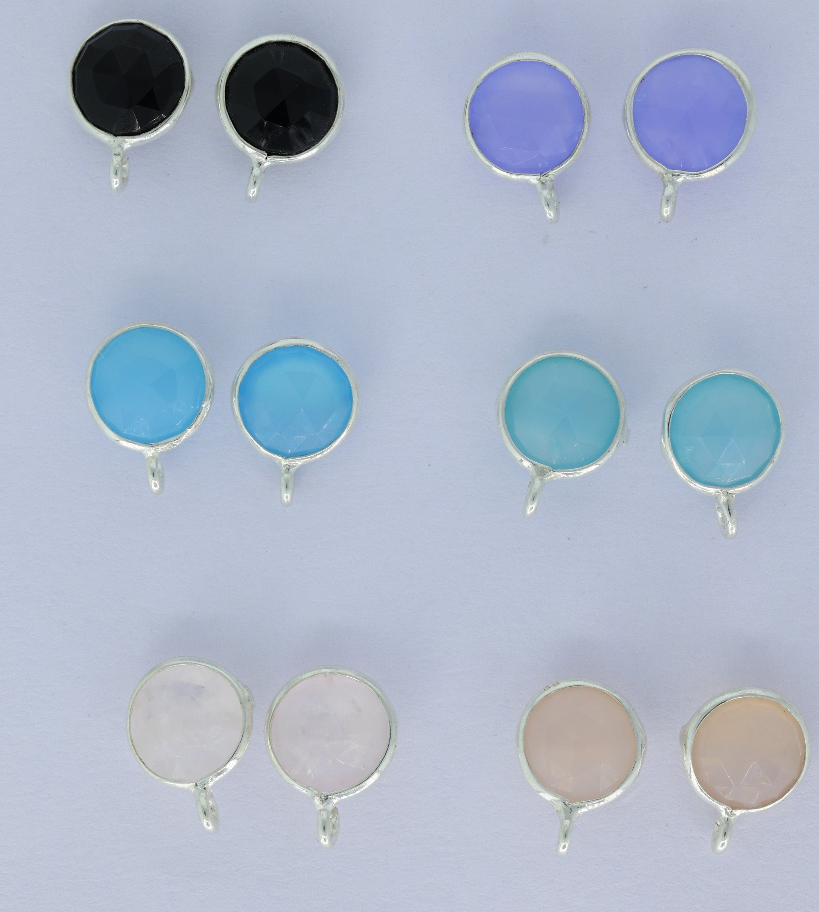 Circle Chalcedony Earpost Silver 92.5 Bezel Ear post Natural gemstone Earpost labradorite rose quartz earpost white rainbow DIY earrings - Meena Design