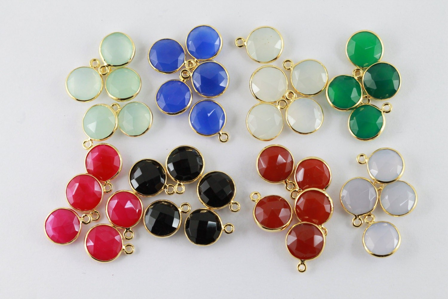 Dainty minimalistic Chalcedony Round Cut Stones Bezel Connectors Brass Gold Plating Pendants - Meena Design