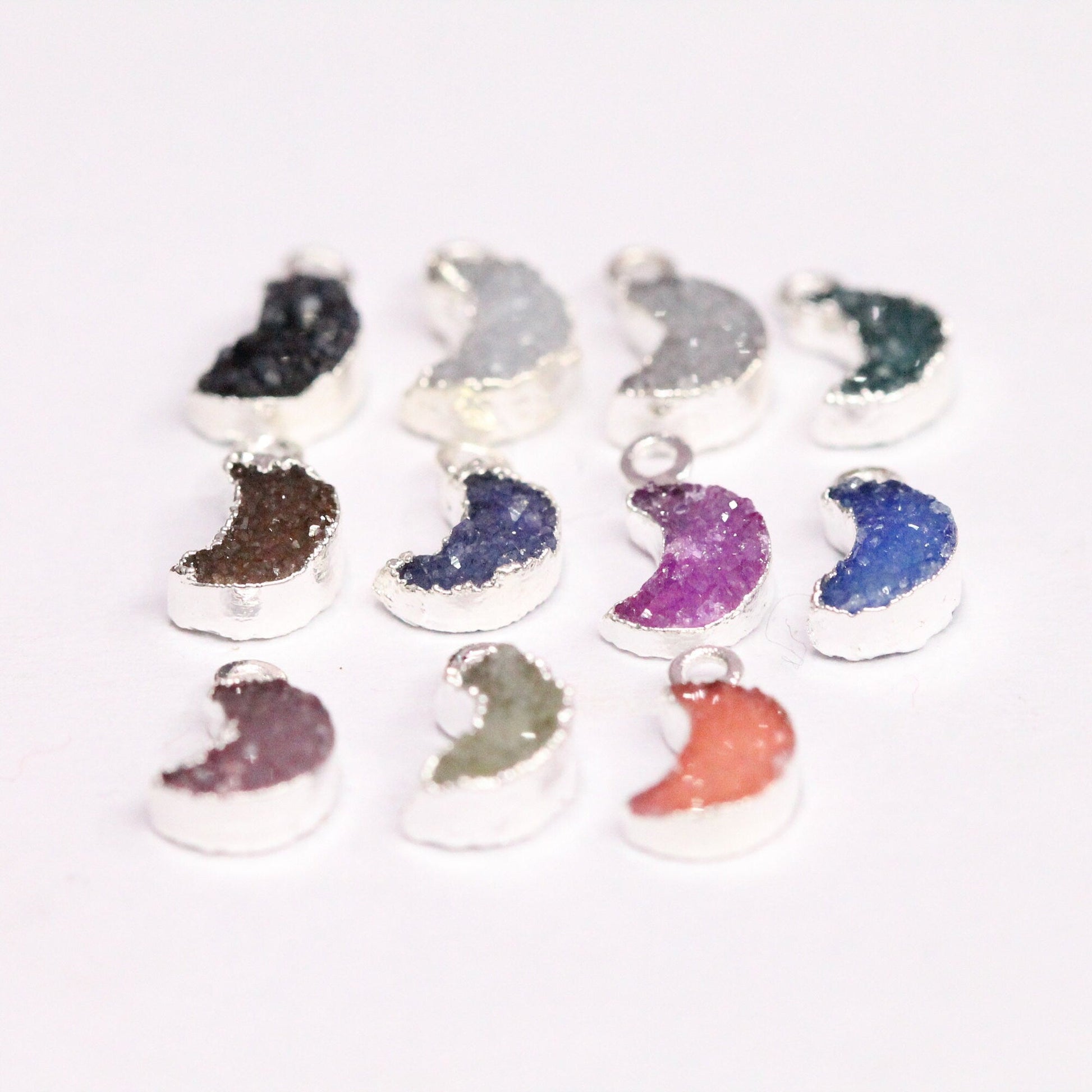 Druzy Moon, Natural Gemstone, Silver Edged, Single Bail, Dainty Crescent , 7 mm - Meena Design