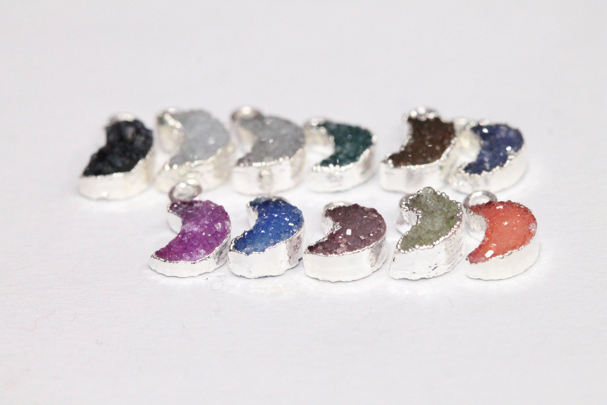 Druzy Moon, Natural Gemstone, Silver Edged, Single Bail, Dainty Crescent , 7 mm - Meena Design