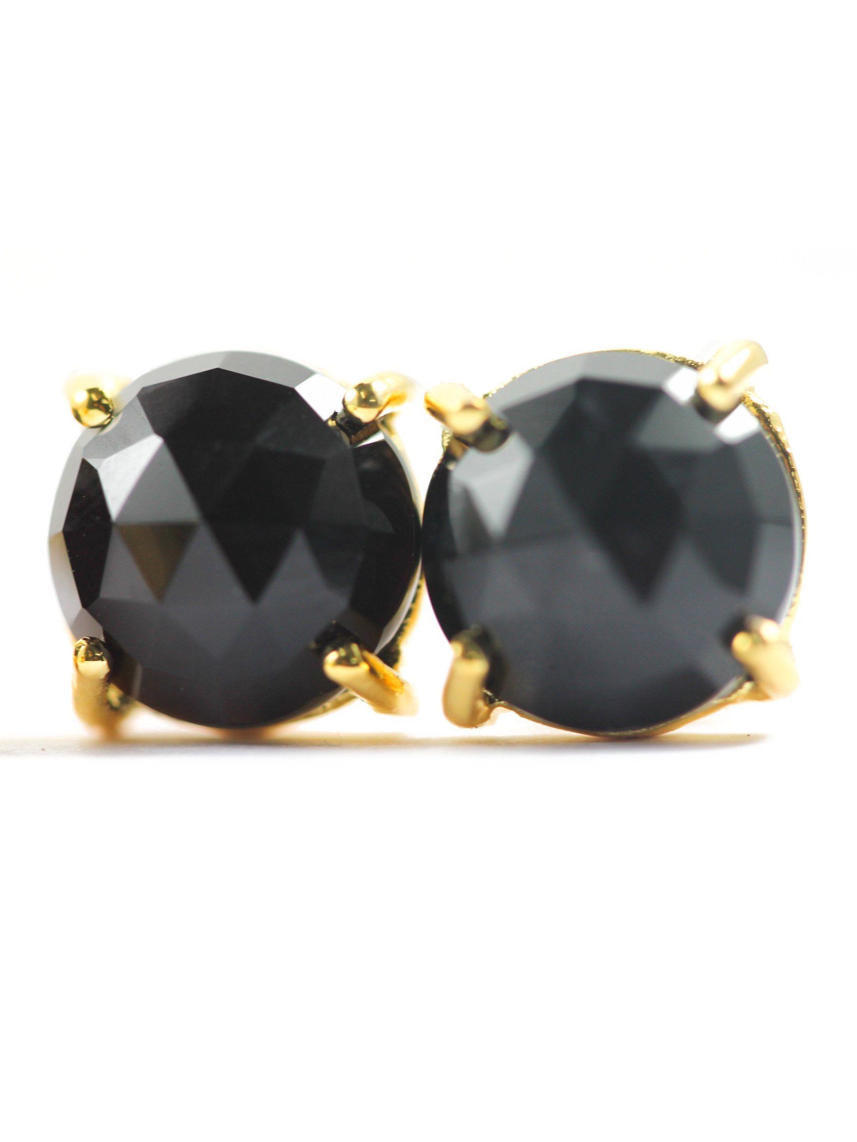 earring studs in natural chalcedony black faceted stones in prong Set - Meena Design