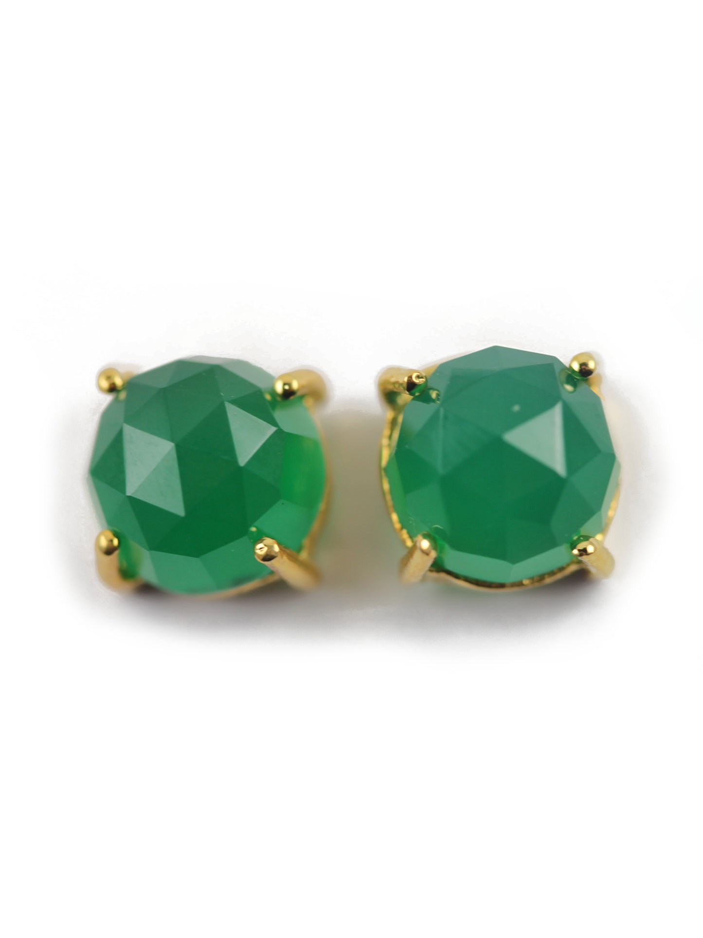 earring studs in natural chalcedony green faceted stones in prong settings - Meena Design