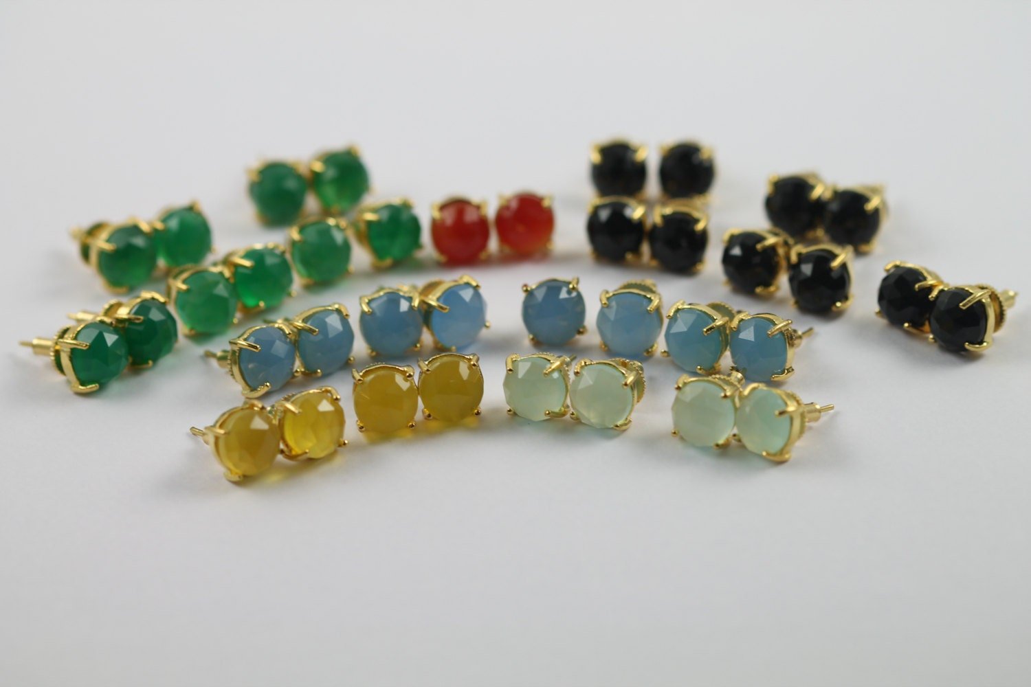 earring studs in natural chalcedony green faceted stones in prong settings - Meena Design