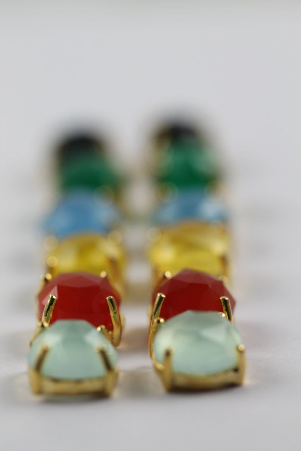 earring studs in natural chalcedony green faceted stones in prong settings - Meena Design