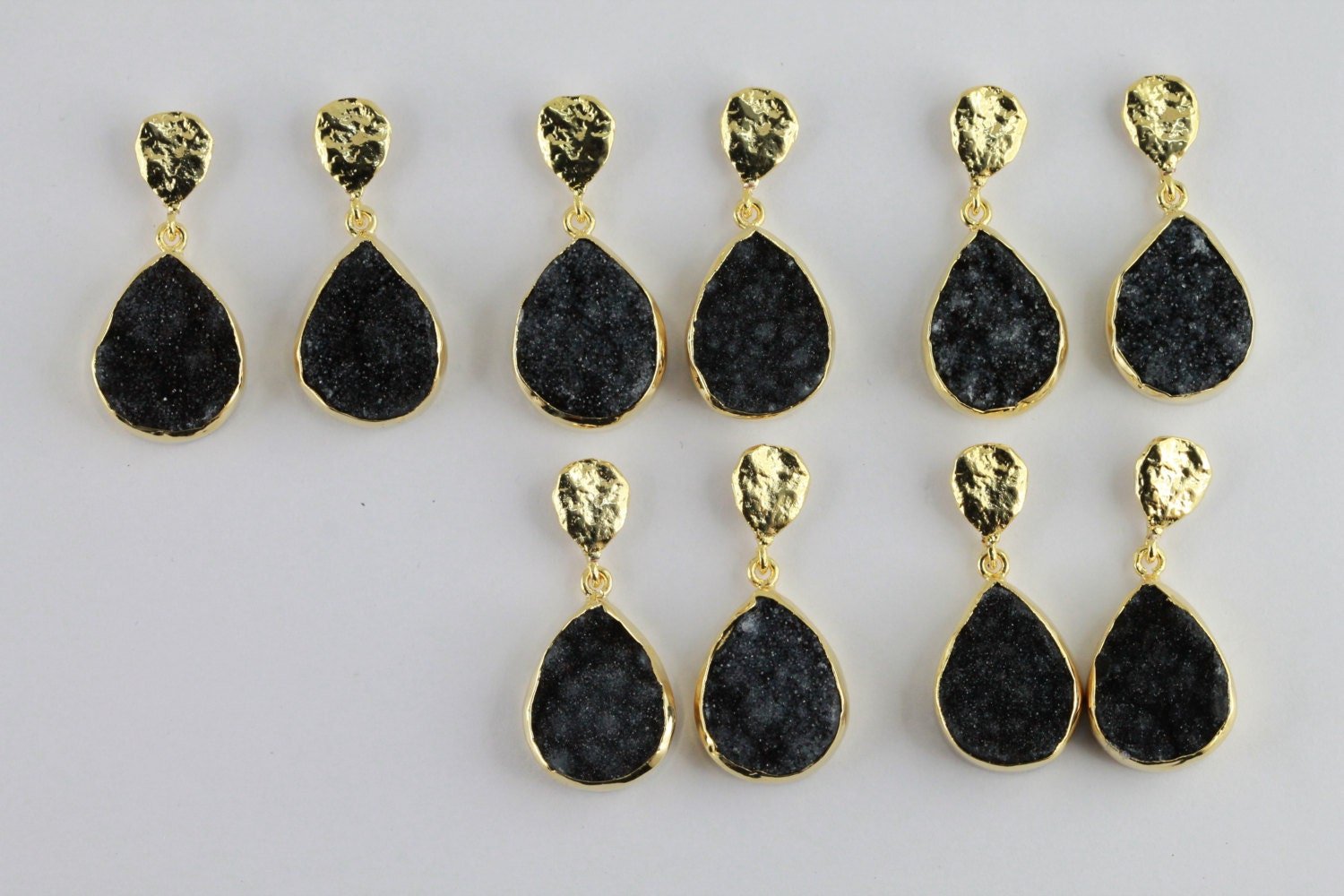 Earrings Natural black Druzy 15 * 20 Pear Hand Crafted in Brass and Gold Plated - Meena Design