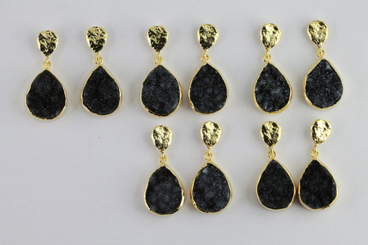 Earrings Natural black Druzy 15 * 20 Pear Hand Crafted in Brass and Gold Plated - Meena Design