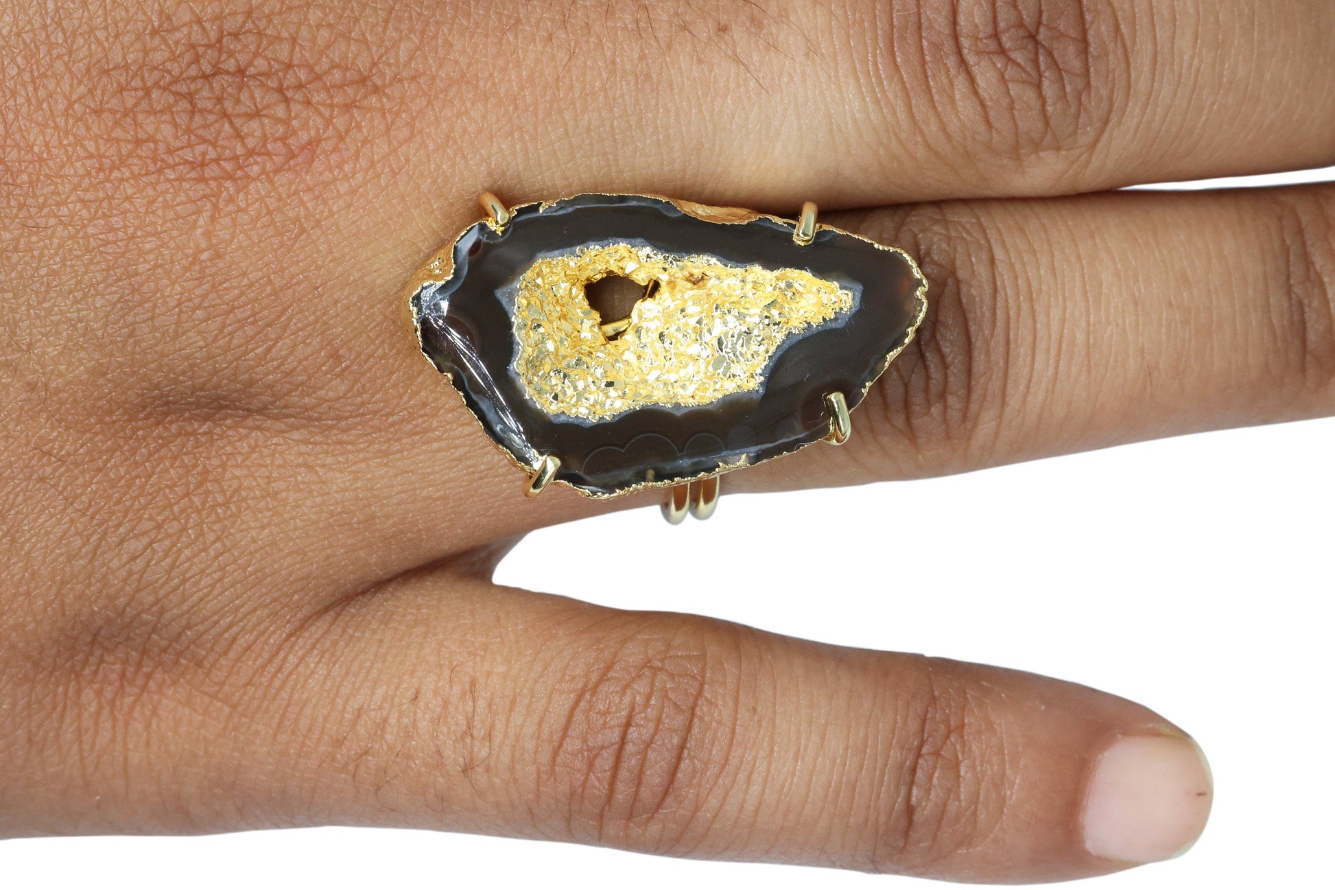 Elegant Handcrafted Agate Geode Slice Ring: Adjustable Brass Band with Prong Setting in Silver, Gold, or Rose Gold - Meena Design
