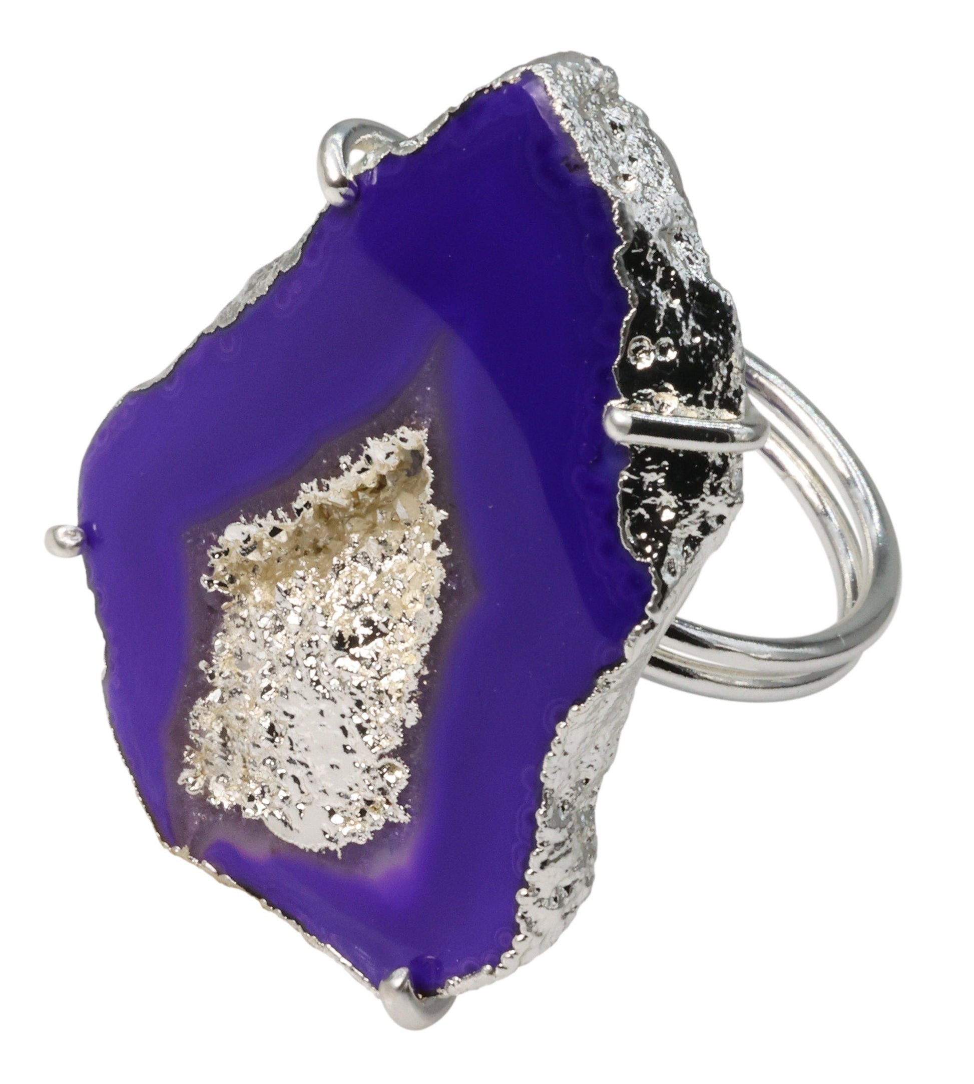 Elegant Handcrafted Agate Geode Slice Ring: Adjustable Brass Band with Prong Setting in Silver, Gold, or Rose Gold - Meena Design