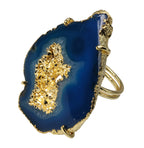 Elegant Handcrafted Agate Geode Slice Ring: Adjustable Brass Band with Prong Setting in Silver, Gold, or Rose Gold - Meena Design