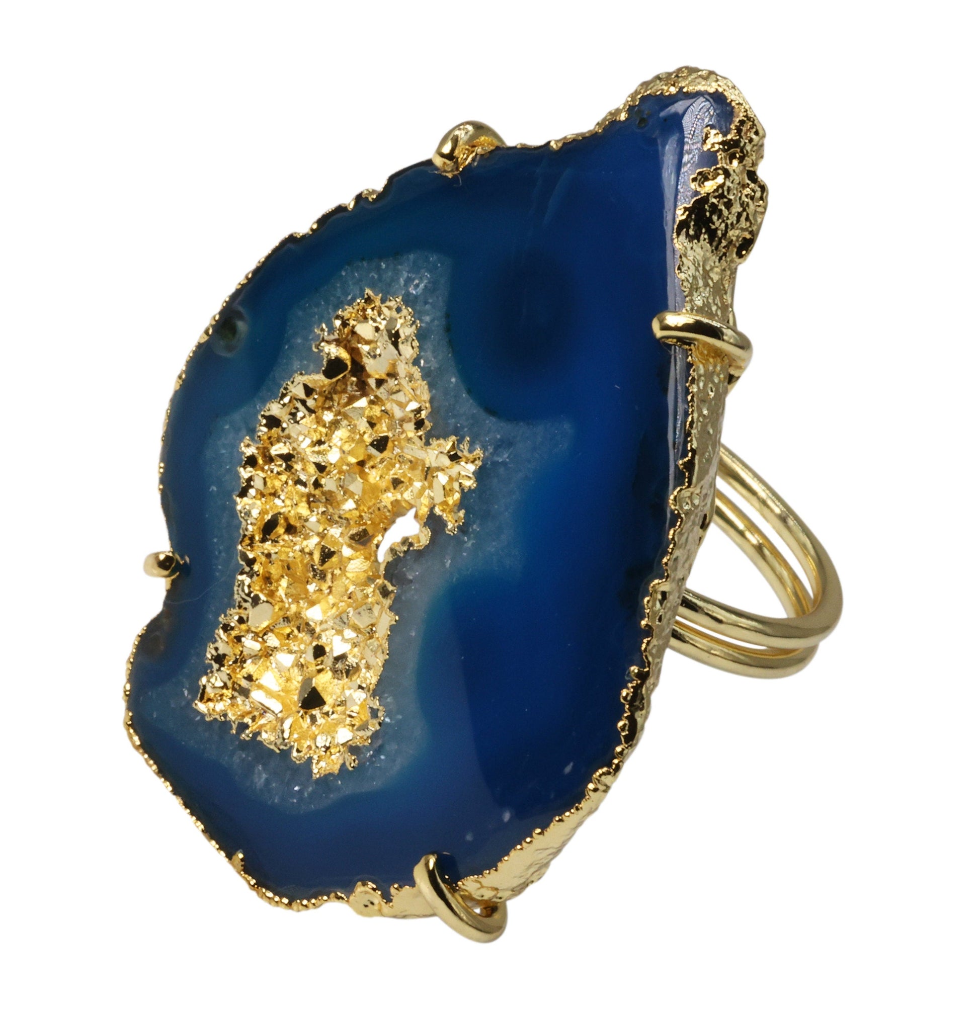 Elegant Handcrafted Agate Geode Slice Ring: Adjustable Brass Band with Prong Setting in Silver, Gold, or Rose Gold - Meena Design