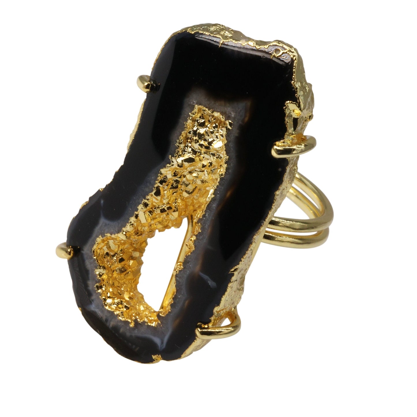 Elegant Handcrafted Agate Geode Slice Ring: Adjustable Brass Band with Prong Setting in Silver, Gold, or Rose Gold - Meena Design
