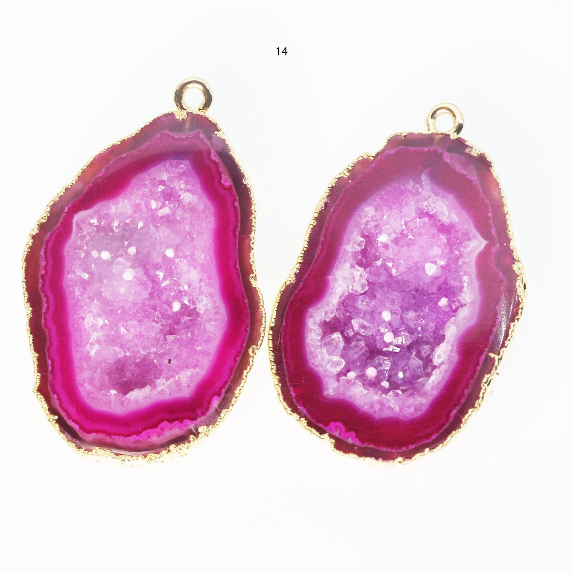Gold Edged Fuscia cave druzy or tobasco druzy geode Pairs For Earrings *Order Exact Pairs as in Photos* - Meena Design