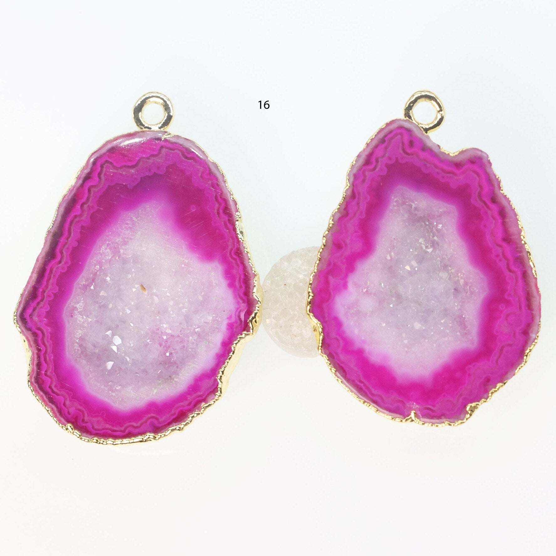 Gold Edged Fuscia cave druzy or tobasco druzy geode Pairs For Earrings *Order Exact Pairs as in Photos* - Meena Design