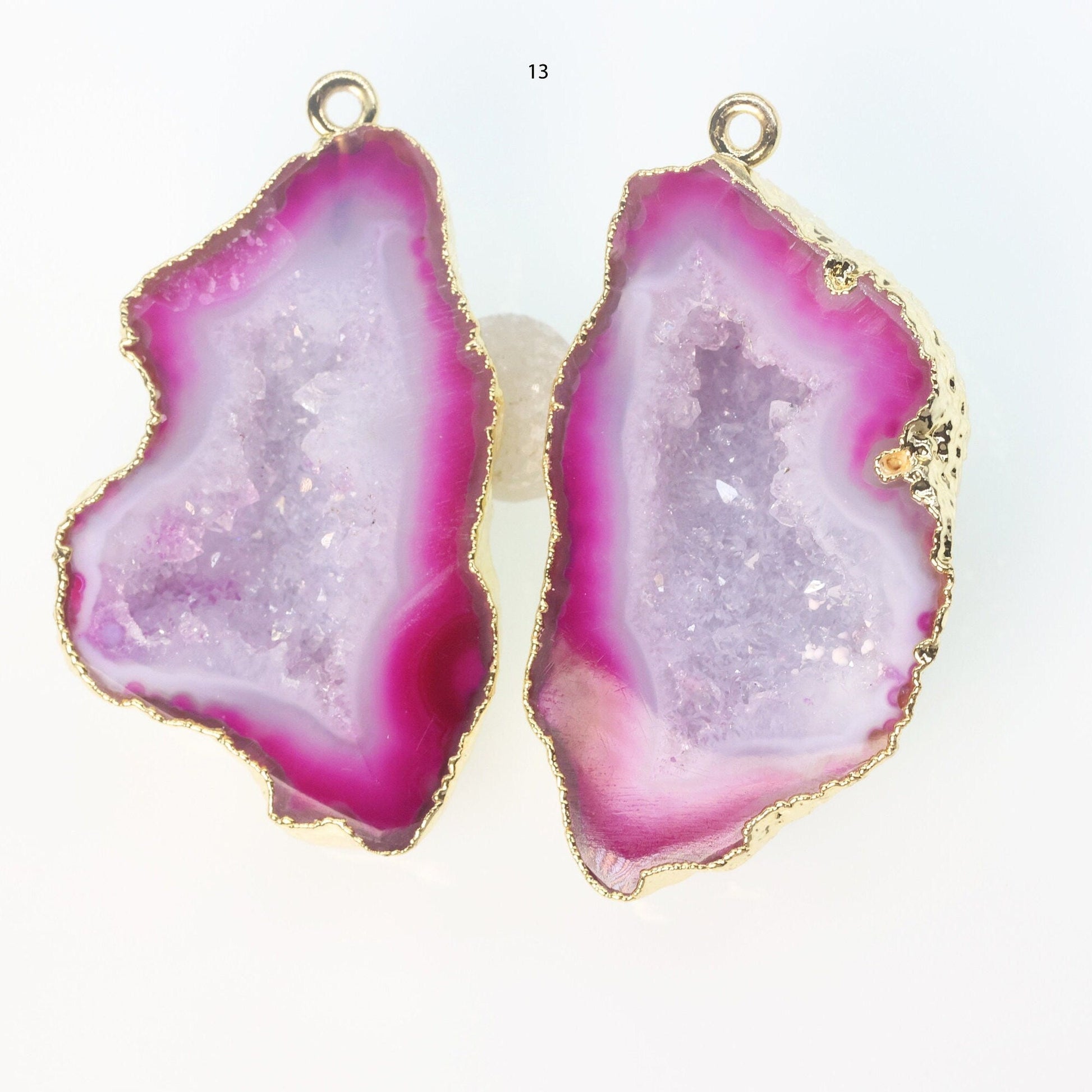 Gold Edged Fuscia cave druzy or tobasco druzy geode Pairs For Earrings *Order Exact Pairs as in Photos* - Meena Design