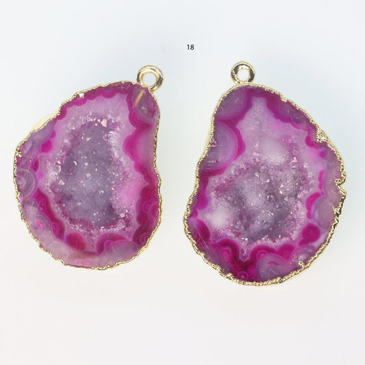 Gold Edged Fuscia cave druzy or tobasco druzy geode Pairs For Earrings *Order Exact Pairs as in Photos* - Meena Design