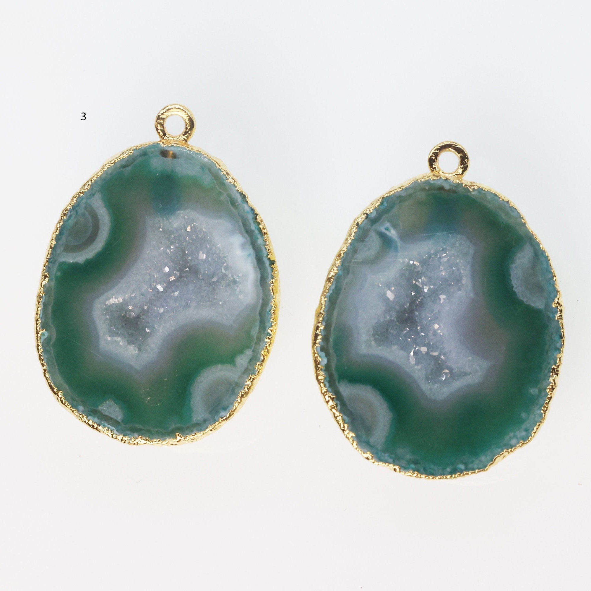 Gold Edged Green cave druzy or tobasco druzy geode Pairs *Order Exact Pairs as in Photos* - Meena Design