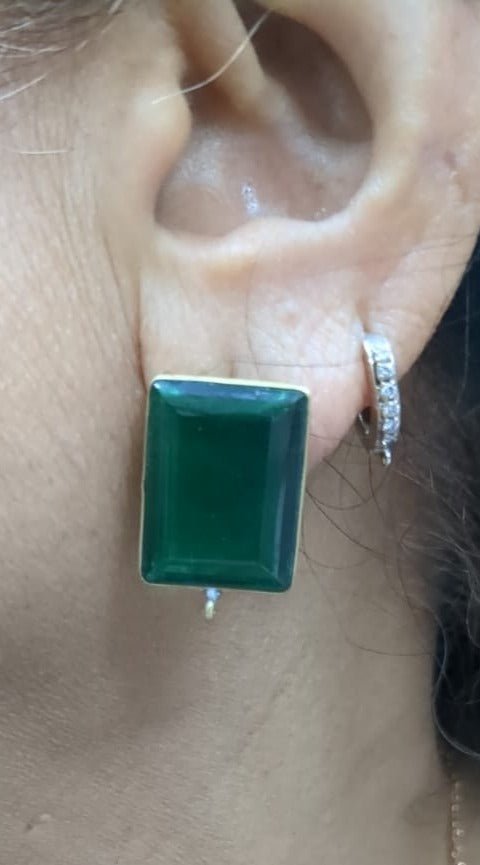 Green Glass Gemstone Half Bezel Ear Post Electro Plated Earpost 15 * 20 Rectangle - Meena Design
