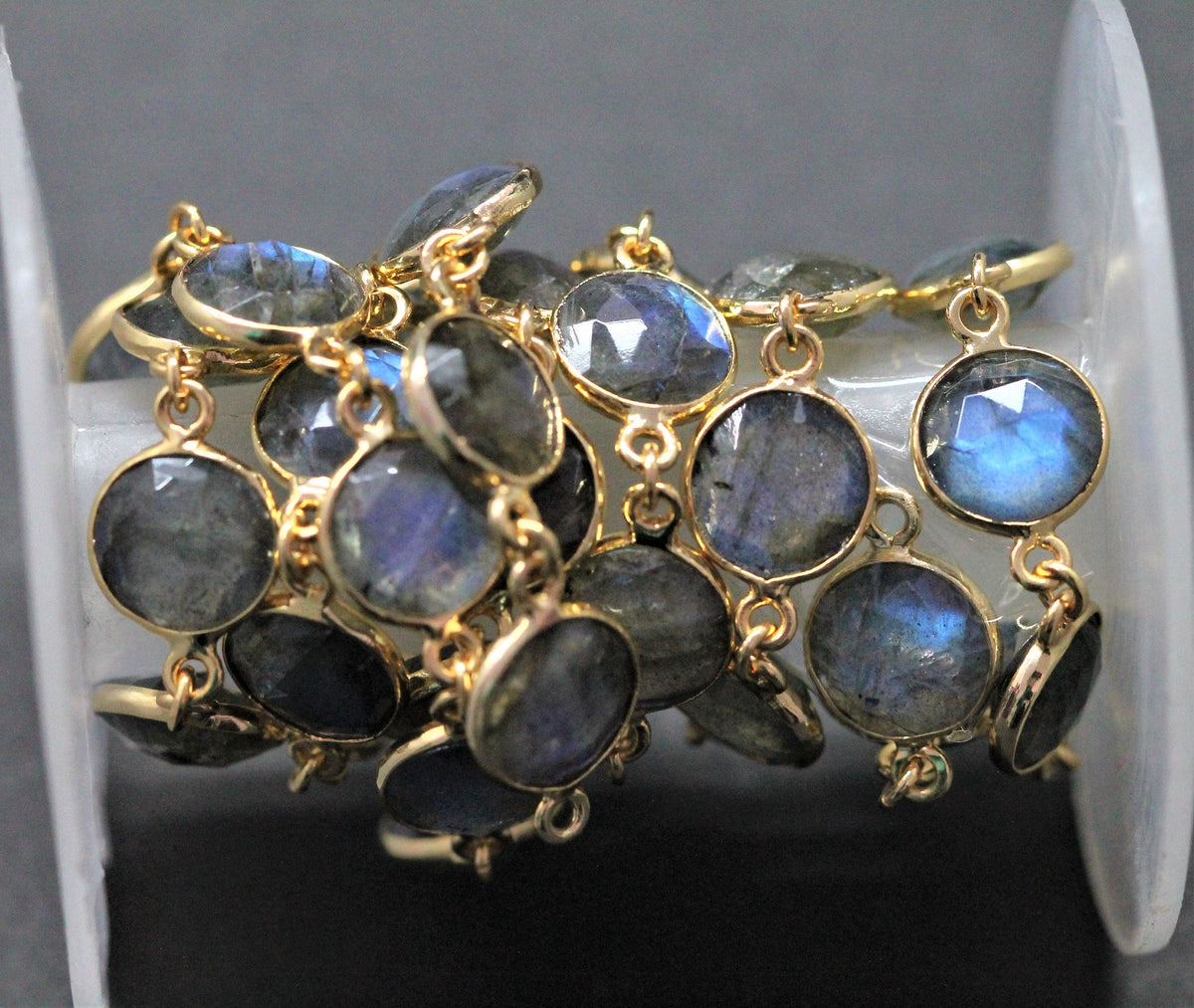 Labradorite Connector Chain, Faceted Labradorite Gemstone, Gold, Bezel 10MM , DIY labradorite chain earrings - Meena Design