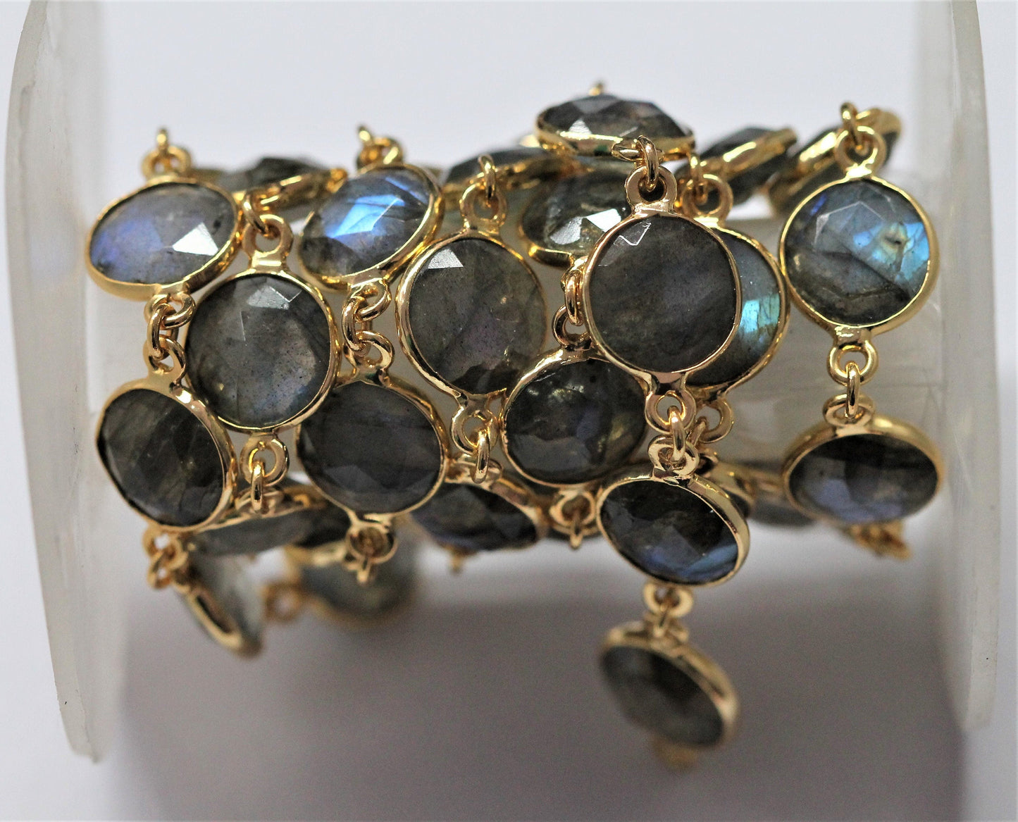 Labradorite Connector Chain, Faceted Labradorite Gemstone, Gold, Bezel 10MM , DIY labradorite chain earrings - Meena Design