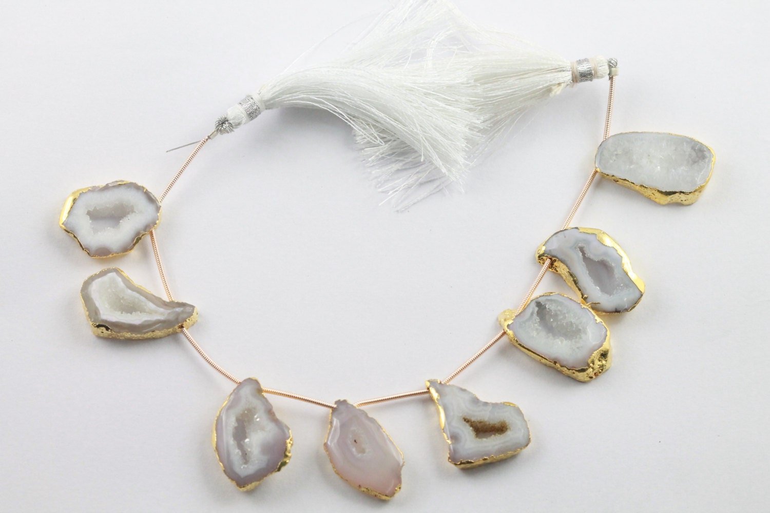 Natural Agate druzy geode, slice, beads, hand polished, one side, White, gold edged - Meena Design