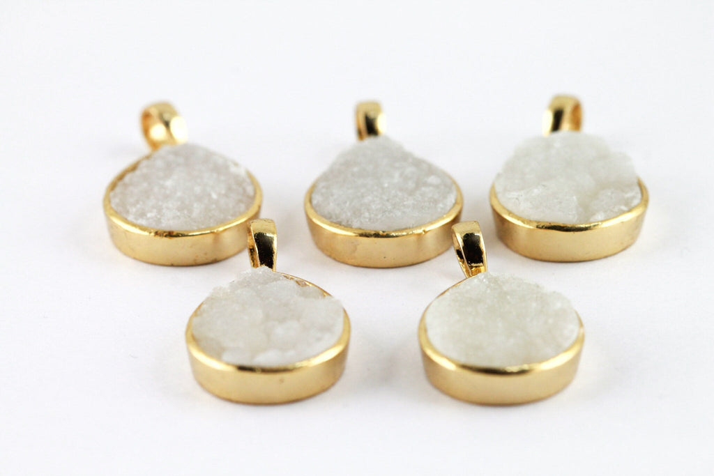 Pendants 10 mm Natural White Agate Druzy Stone Gold PLated Brass Bezel - Meena Design