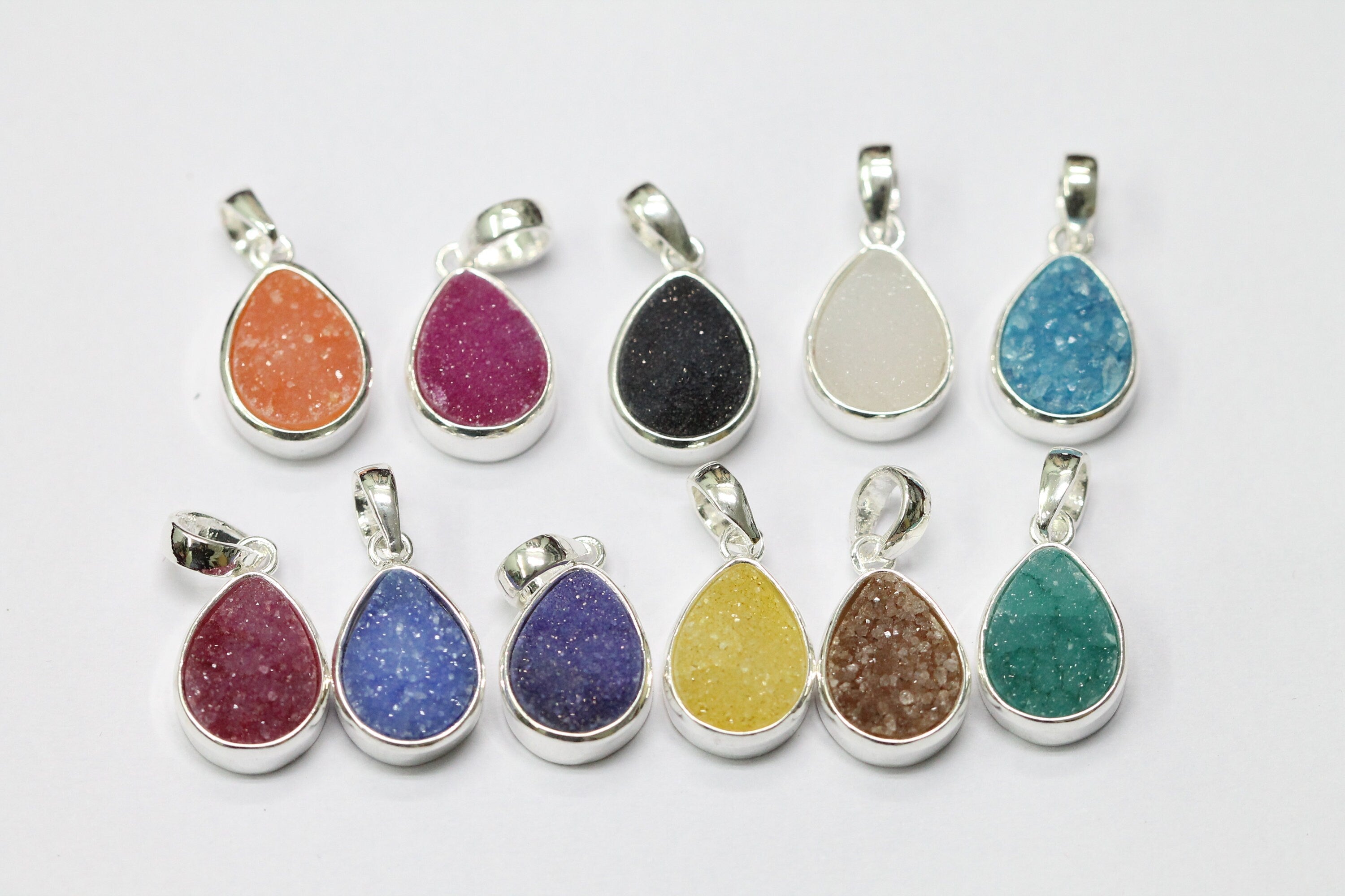Pendants Natural Agate Druzy Gemstone 10* 14 mm Pear Silver plated on Brass - Meena Design