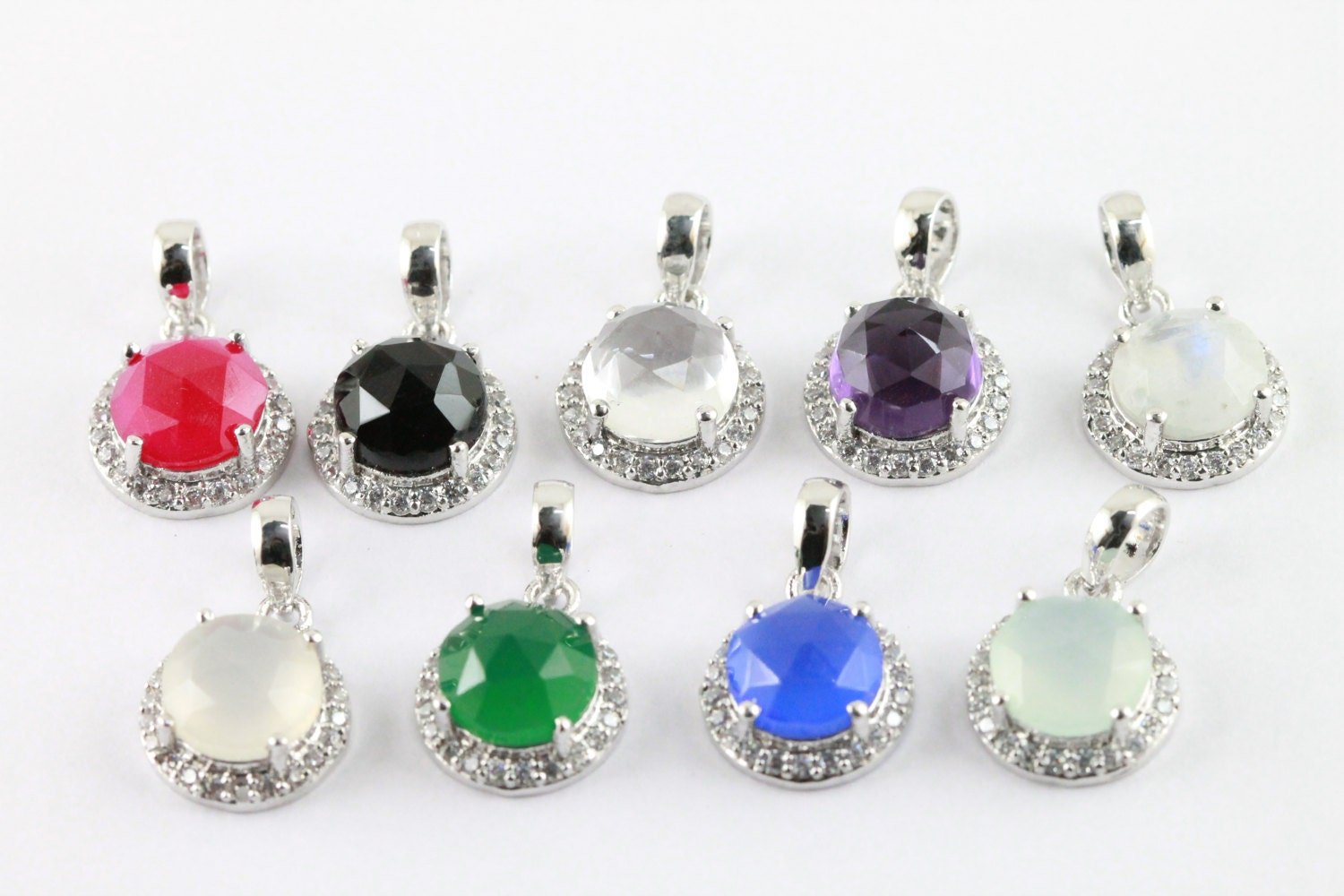 Pendants Natural Gemstone Silver Plated Brass Prong Setting and CZ - Meena Design