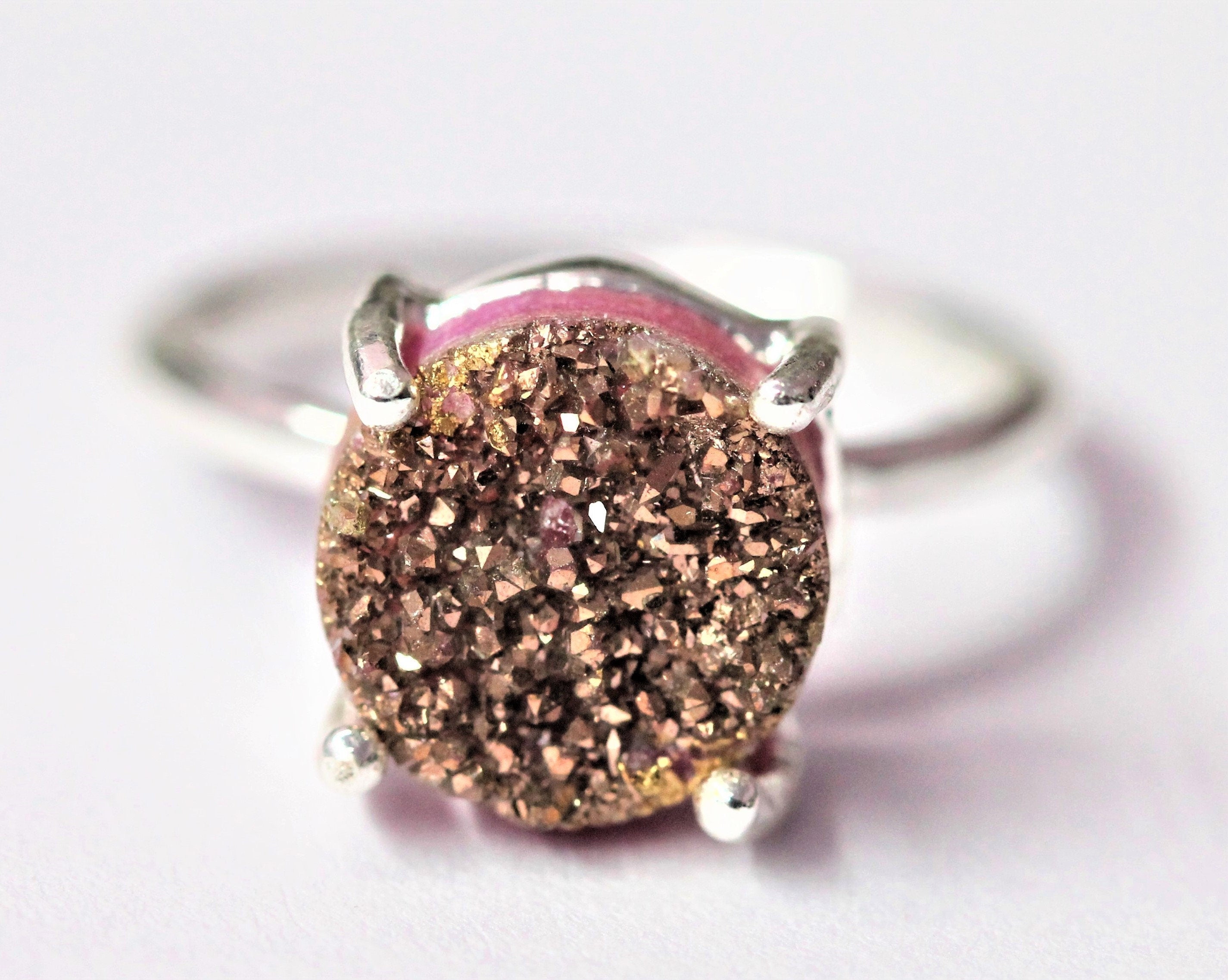 Rings Druzy Titanium Natural Gemstone silver 925, 10 mm Round - Meena Design