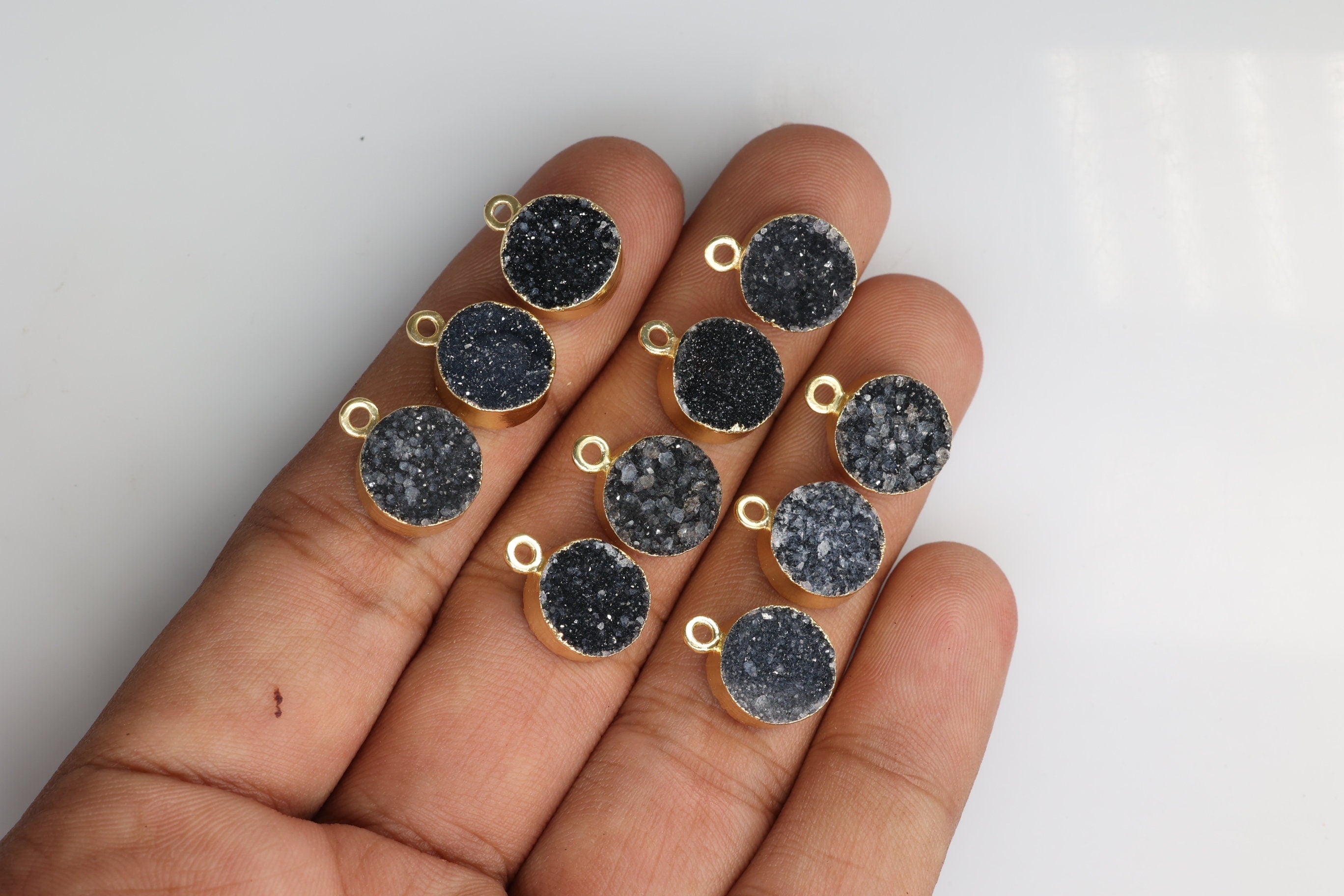 Round Cut Druzy Gemstone Connector, All Sizes, Necklace Pendant, Gold Electroplated Single & Double Bail , Custom Manufacturing Available - Meena Design